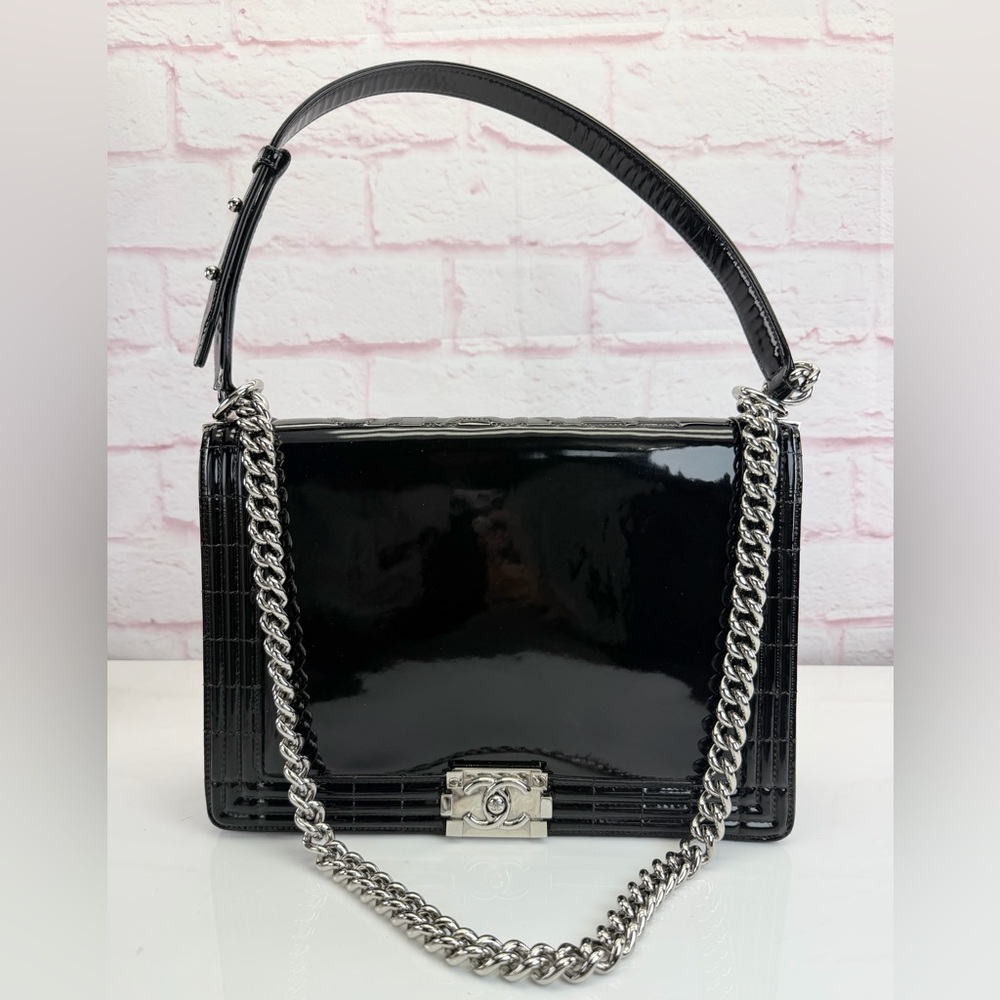 Chanel Patent Large Reverso Boy Black Leather Flap Bag
